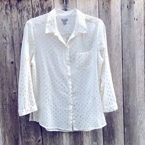 aerie Sheer Gold Polka Dot Button Down Medium